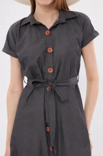 Women's Charcoal Belted Short Sleeve Shirt Dress ARM-19Y001068 - ARMONIKA (1)