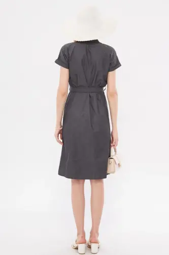 Women's Charcoal Belted Short Sleeve Shirt Dress ARM-19Y001068 - 4