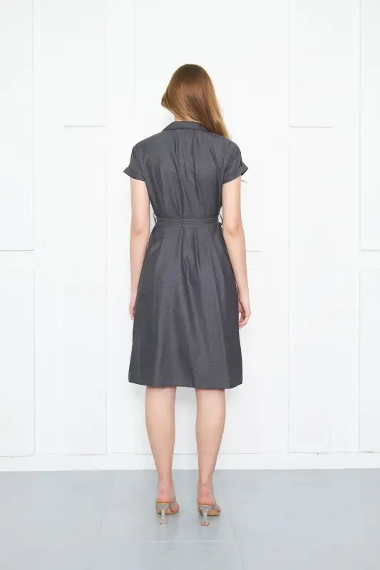 Women's Charcoal Belted Short Sleeve Shirt Dress ARM-19Y001068 - 5