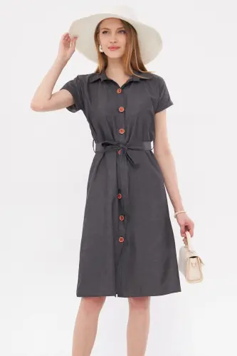 Women's Charcoal Belted Short Sleeve Shirt Dress ARM-19Y001068 - 6