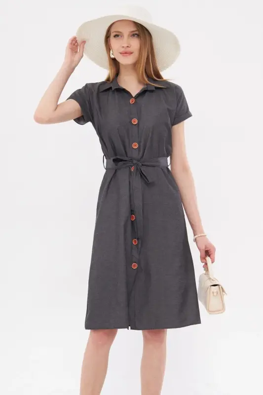 Women's Charcoal Belted Short Sleeve Shirt Dress ARM-19Y001068 - 6