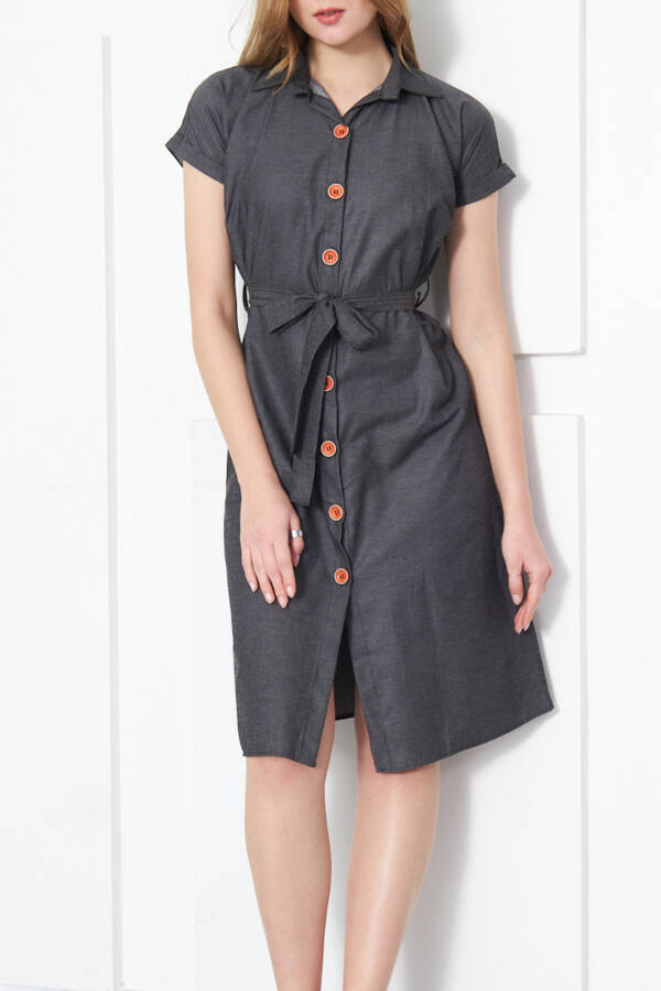 Women's Charcoal Belted Short Sleeve Shirt Dress ARM-19Y001068 - 7