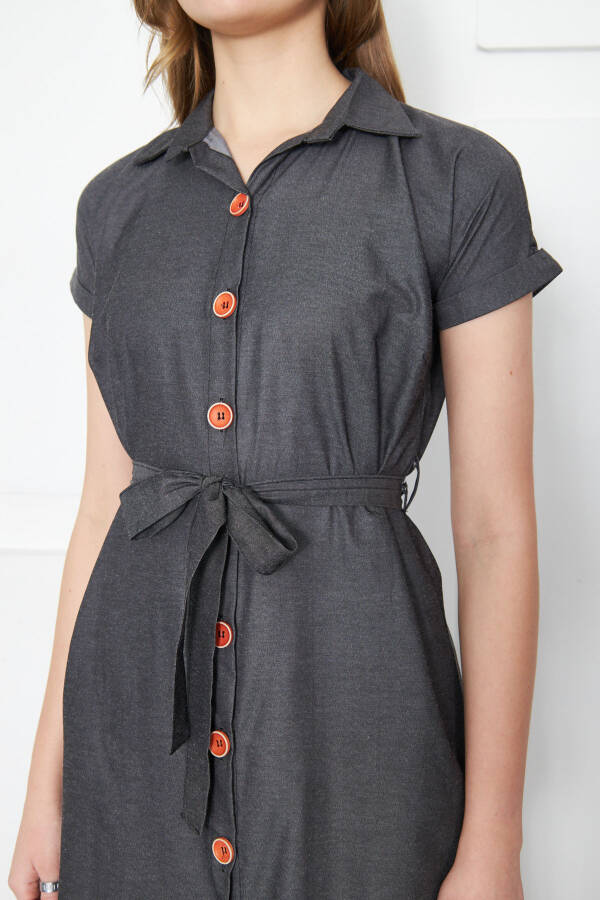 Women's Charcoal Belted Short Sleeve Shirt Dress ARM-19Y001068 - 8