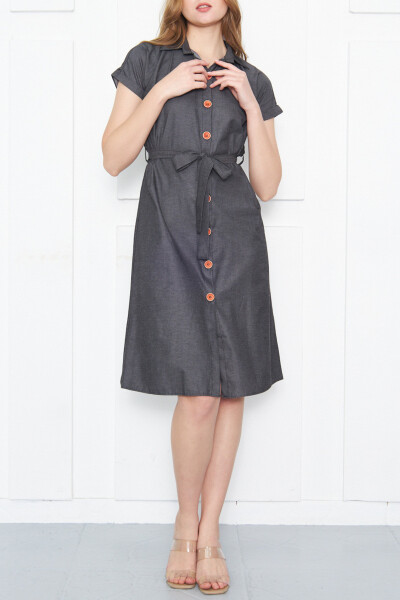 Women's Charcoal Belted Short Sleeve Shirt Dress ARM-19Y001068 - 9