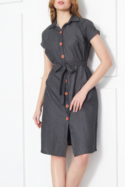 Women's Charcoal Belted Short Sleeve Shirt Dress ARM-19Y001068 - 10