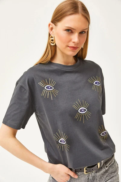 Women's Charcoal Eye Print Foil Detail T-Shirt - OLALOOK