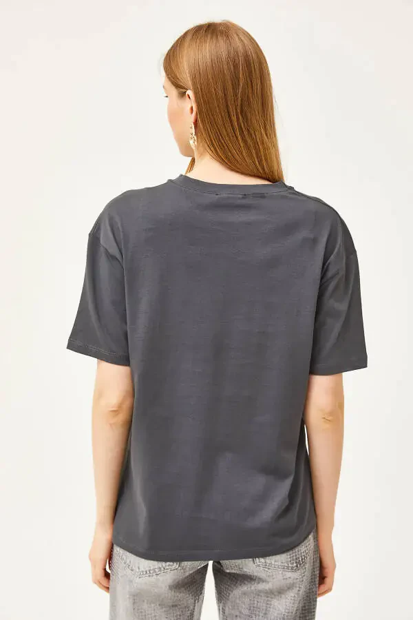 Women's Charcoal Eye Print Foil Detail T-Shirt - 2