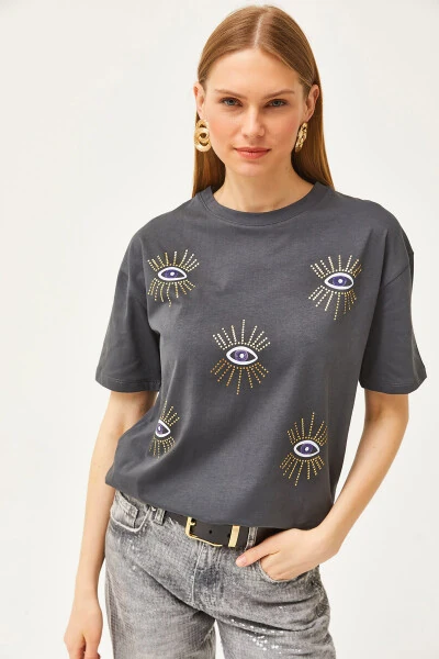 Women's Charcoal Eye Print Foil Detail T-Shirt - 3