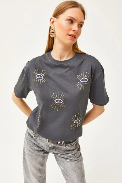 Women's Charcoal Eye Print Foil Detail T-Shirt - 4