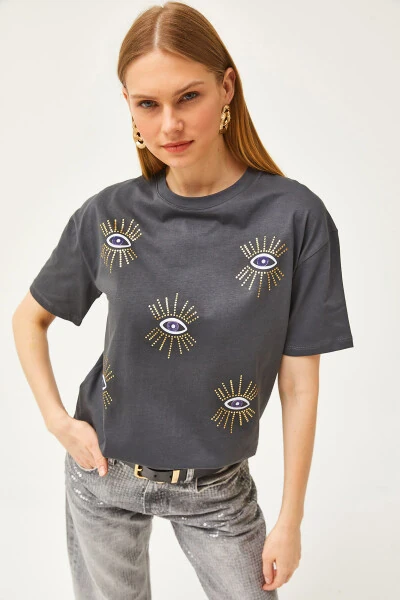 Women's Charcoal Eye Print Foil Detail T-Shirt - 5