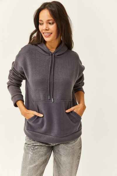 Women's Charcoal Hooded Kangaroo Pocket Fleece Sweatshirt SWT-19000435 - 3