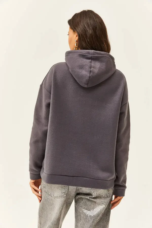 Women's Charcoal Hooded Kangaroo Pocket Fleece Sweatshirt SWT-19000435 - 5