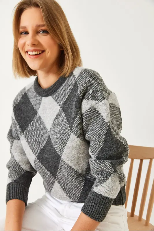 Women's Checked Patterned Knitwear Sweater 20011154 - Anthracite - 1