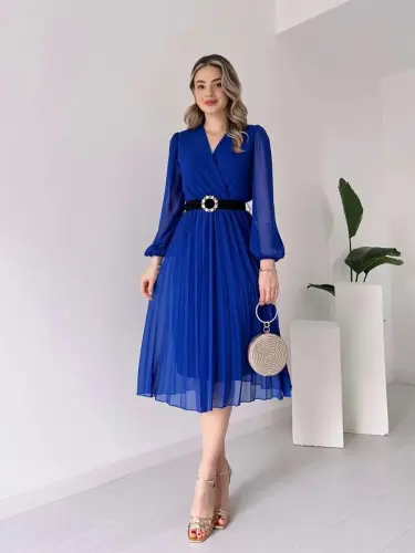 Women's Chiffon Fabric Lined Flared Cut Crossover Neck Midi Dress - 1