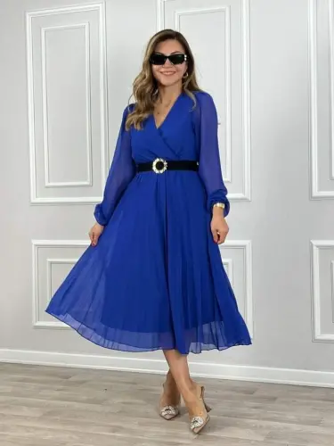 Women's Chiffon Fabric Lined Flared Cut Crossover Neck Midi Dress - BÜYÜKBEDENIZ (1)