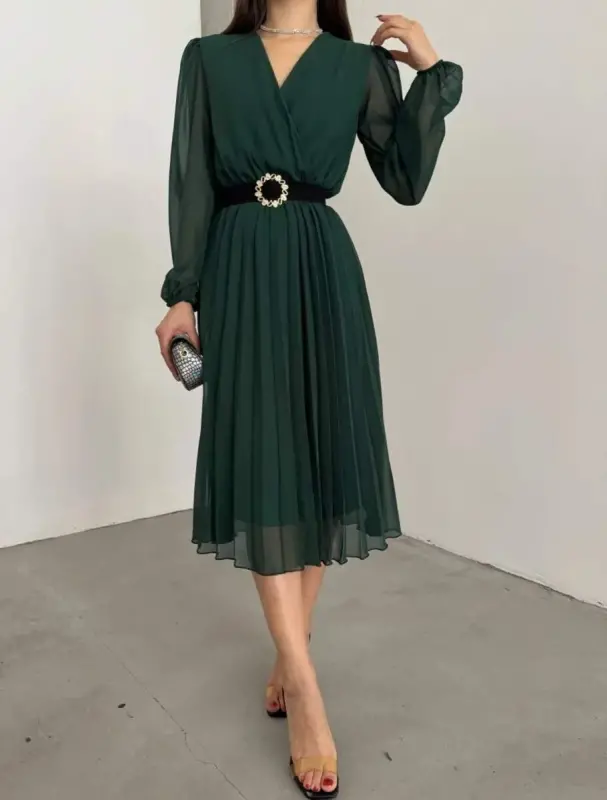 Women's Chiffon Fabric Lined Flared Cut Crossover Neck Midi Dress - 2