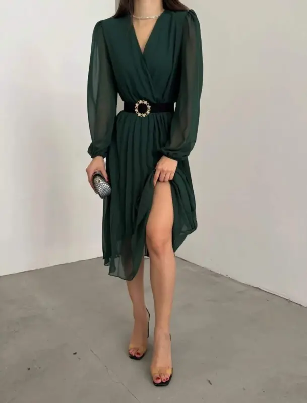 Women's Chiffon Fabric Lined Flared Cut Crossover Neck Midi Dress - 4