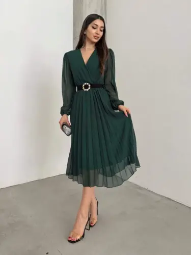 Women's Chiffon Fabric Lined Flared Cut Crossover Neck Midi Dress - 1