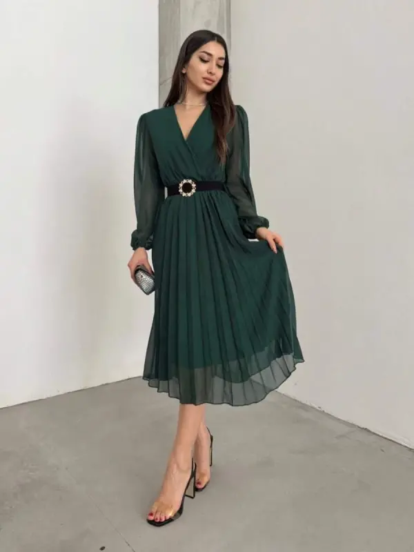 Women's Chiffon Fabric Lined Flared Cut Crossover Neck Midi Dress - BÜYÜKBEDENIZ