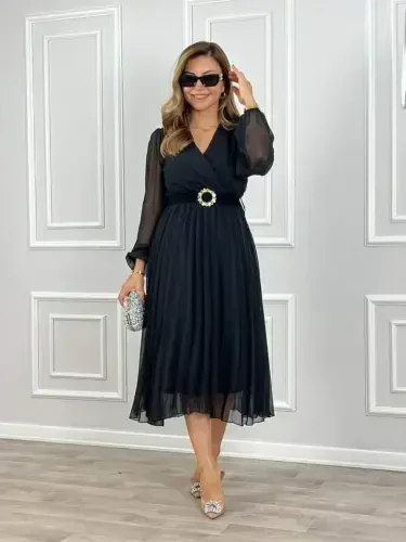 Women's Chiffon Fabric Lined Flared Cut Crossover Neck Midi Dress - 4