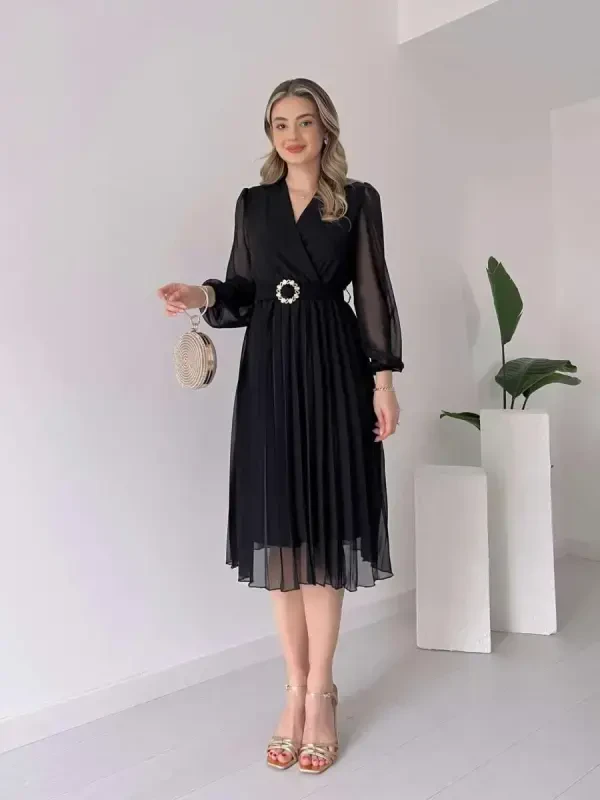 Women's Chiffon Fabric Lined Flared Cut Crossover Neck Midi Dress - 1