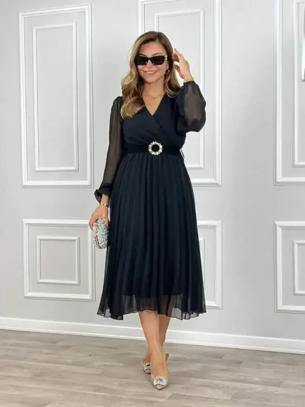 Women's Chiffon Fabric Lined Flared Cut Crossover Neck Midi Dress - 3