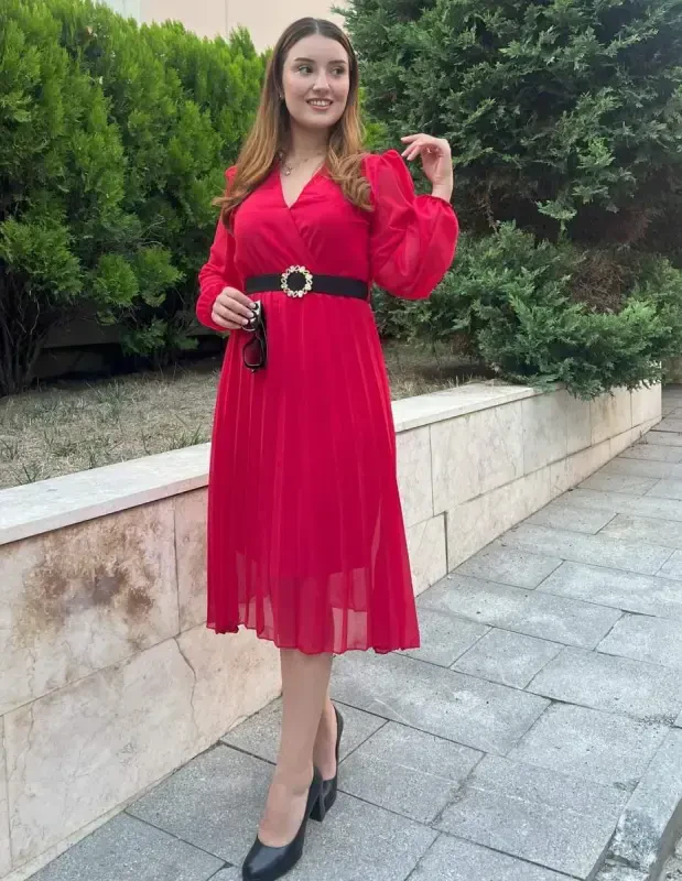 Women's Chiffon Fabric Lined Flared Cut Crossover Neck Midi Dress - BÜYÜKBEDENIZ