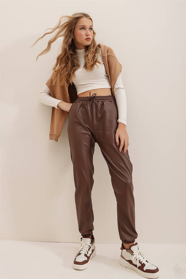 Women's Chocolate Double Pocket Waist and Ankle Elastic Fleece Lined Casual Faux Leather Pants ALC-X7329 - 5