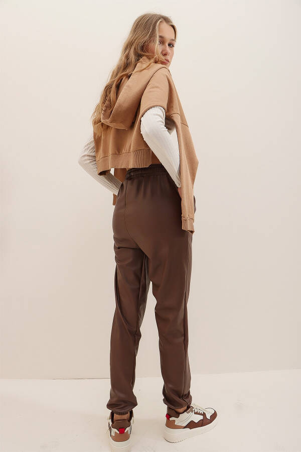 Women's Chocolate Double Pocket Waist and Ankle Elastic Fleece Lined Casual Faux Leather Pants ALC-X7329 - 8