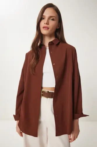 Women's Chocolate Oversized Long Basic Shirt DD00842 - Chocolate - 1