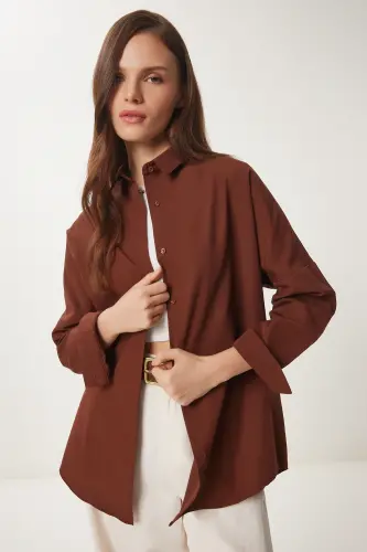 Women's Chocolate Oversized Long Basic Shirt DD00842 - Chocolate - 2