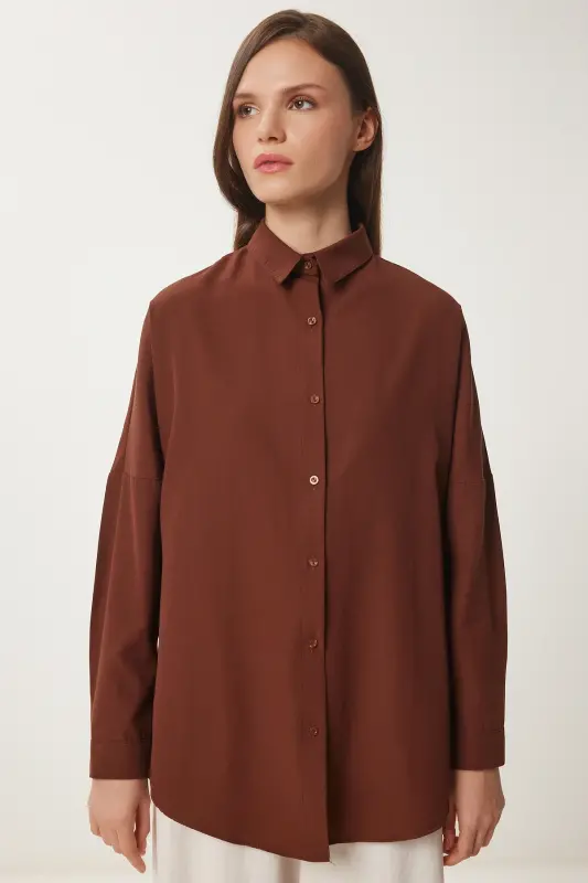Women's Chocolate Oversized Long Basic Shirt DD00842 - Chocolate - 3