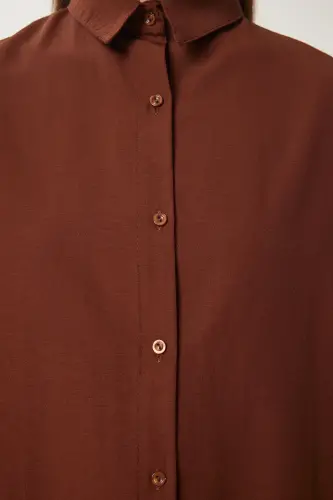 Women's Chocolate Oversized Long Basic Shirt DD00842 - Chocolate - 4