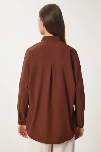 Women's Chocolate Oversized Long Basic Shirt DD00842 - Chocolate - 5