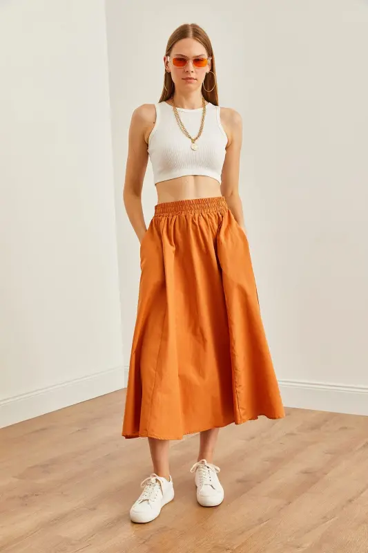 Women's Cinnamon Pocketed Elastic Waist Midi Woven Bell Skirt - 2