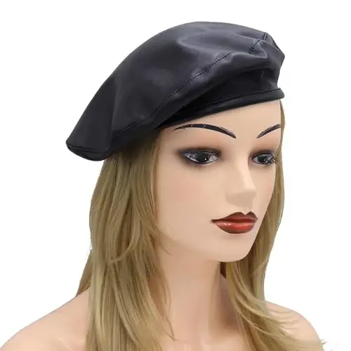 Womens Classic Pu Leather French Beret Hat - 5