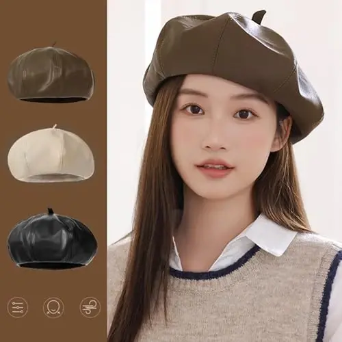 Women's Classic PU Leather French Beret Hat Retro Beanie Hat Artist Beret Cap Adjustable Painter Pumpkin Cap - 2