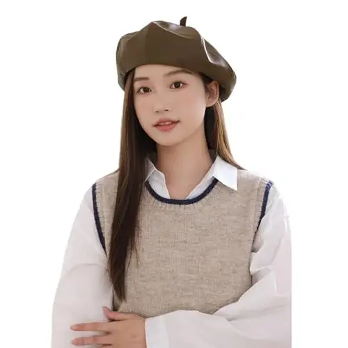 Women's Classic PU Leather French Beret Hat Retro Beanie Hat Artist Beret Cap Adjustable Painter Pumpkin Cap - 4