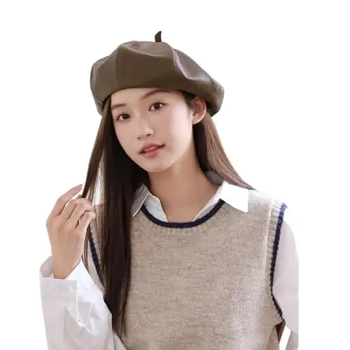 Women's Classic PU Leather French Beret Hat Retro Beanie Hat Artist Beret Cap Adjustable Painter Pumpkin Cap - 6