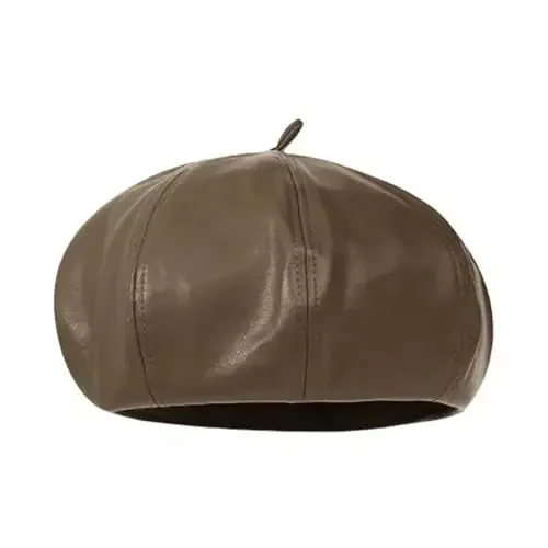Women's Classic PU Leather French Beret Hat Retro Beanie Hat Artist Beret Cap Adjustable Painter Pumpkin Cap 