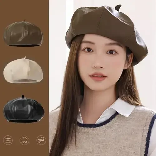 Women's Classic PU Leather French Beret Hat Retro Beanie Hat Artist Beret Cap Adjustable Painter Pumpkin Cap - WOMEN'S (1)
