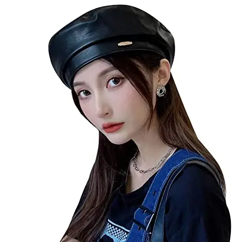 Women's Classic PU Leather French Beret Hat Retro Beanie Hat Artist Beret Cap Adjustable Painter Pumpkin Cap - 7
