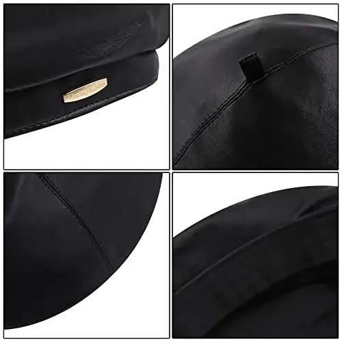 Women's Classic PU Leather French Beret Hat Retro Beanie Hat Artist Beret Cap Adjustable Painter Pumpkin Cap - 5
