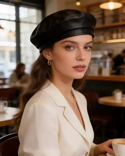 Women's Classic PU Leather French Beret Hat Retro Beanie Hat Artist Beret Cap Adjustable Painter Pumpkin Cap - 4
