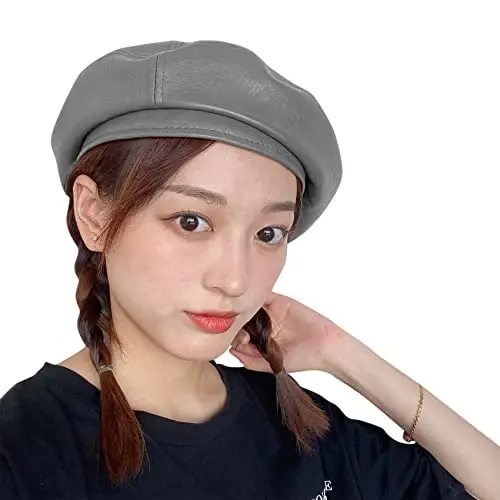Women's Classic PU Leather French Beret Hat Retro Beanie Hat Artist Beret Cap Adjustable Painter Pumpkin Cap - 2