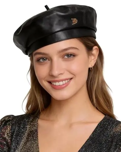 Women's Classic PU Leather French Beret Hat Retro Beanie Hat Artist Beret Cap Adjustable Painter Pumpkin Cap 