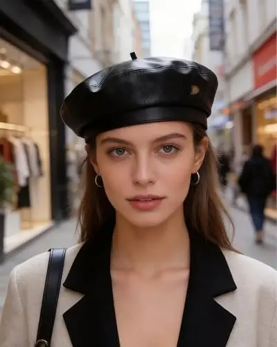 Women's Classic PU Leather French Beret Hat Retro Beanie Hat Artist Beret Cap Adjustable Painter Pumpkin Cap - 5