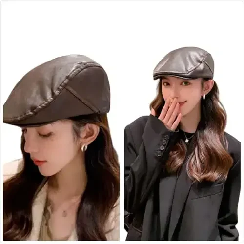 Women's Classic PU Leather French Beret Hat Retro Beanie Hat Artist Beret Cap Adjustable Painter Pumpkin Cap - 6