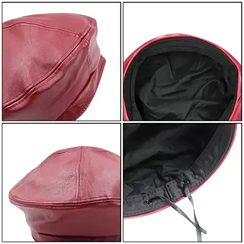 Women's Classic PU Leather French Beret Hat Retro Beanie Hat Artist Beret Cap Adjustable Painter Pumpkin Cap - 5