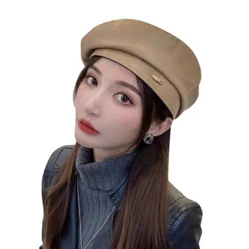 Women's Classic PU Leather French Beret Hat Retro Beanie Hat Artist Beret Cap Adjustable Painter Pumpkin Cap - 7